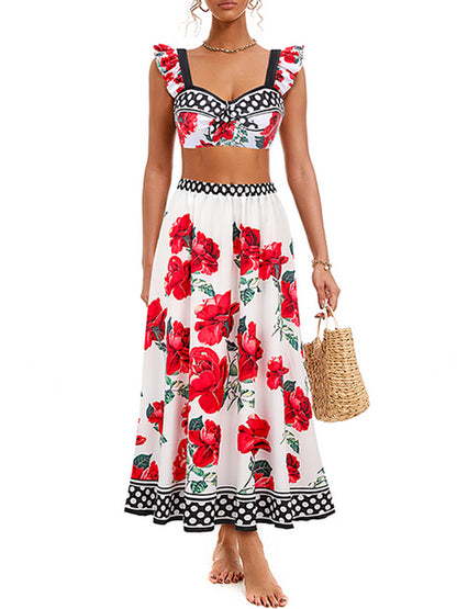 Rose Printed One Piece Swimsuit and Skirt