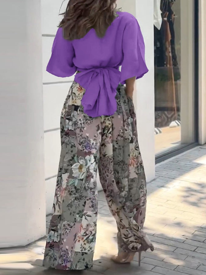 Shirt and Printed Wide-leg Pants Sets