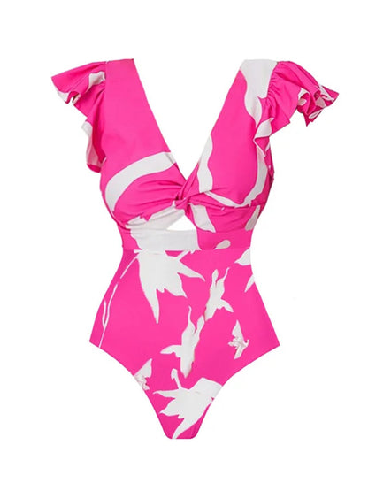 V Neck Ruffle Printed One Piece Swimsuit and Skirt