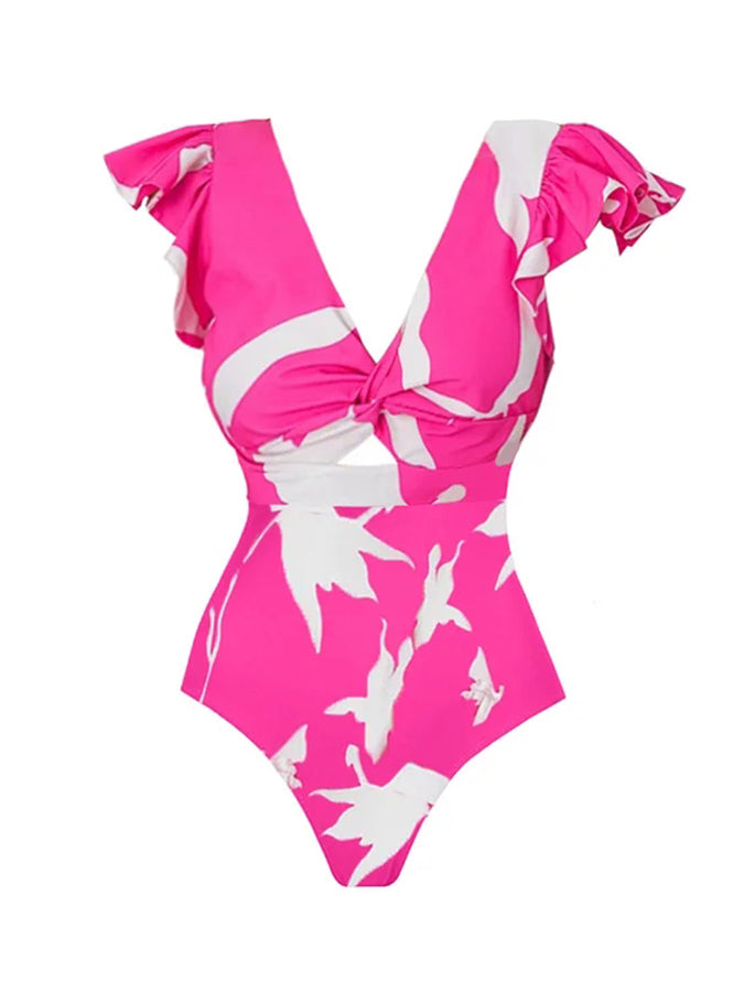 V Neck Ruffle Printed One Piece Swimsuit and Skirt