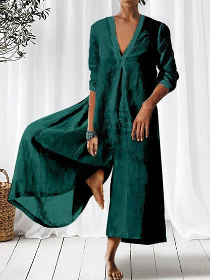 V Neck 3/4 Sleeves Wide-leg Jumpsuit