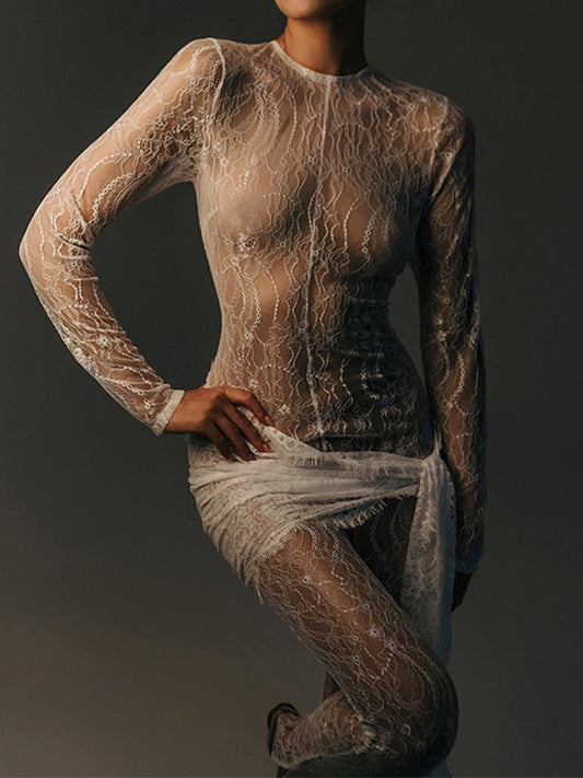 Lace Long Sleeves See-through Slim Fit Jumpsuit