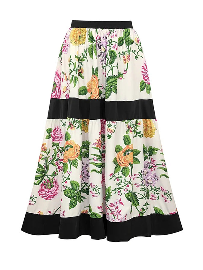 Printed Off Shoulder Color Block One Piece Swimsuit and Skirt