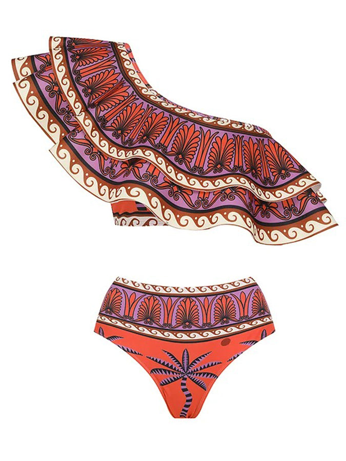 One Shoulder Ruffle Printed Bikini Swimsuit and Skirt