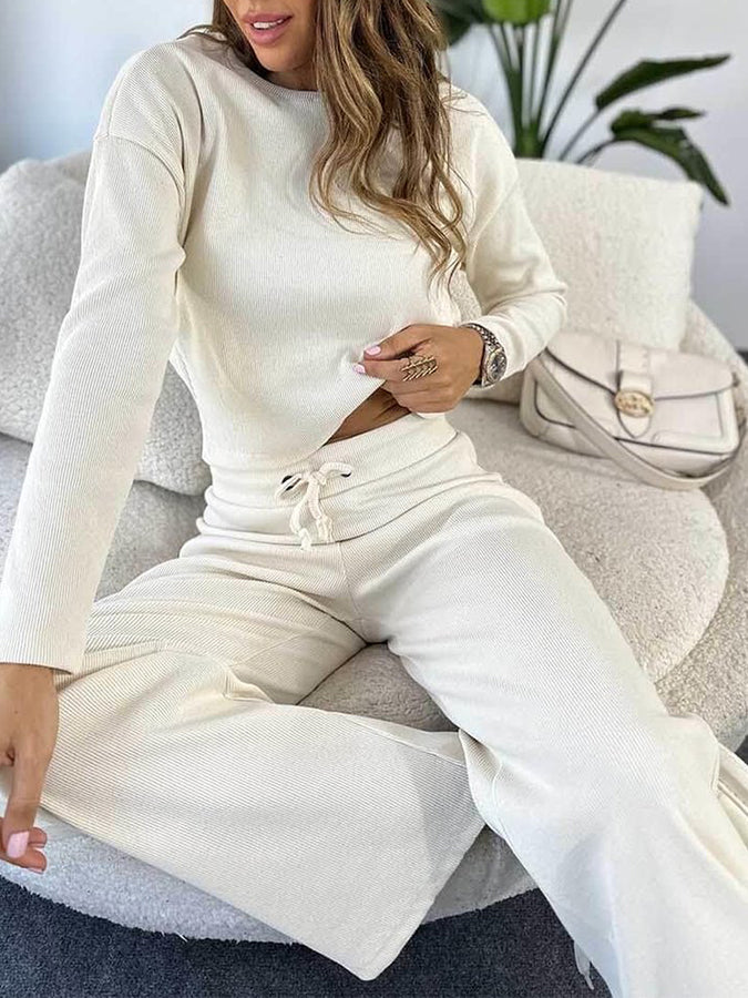 Round Neck Knitted Long Sleeved Top With Elastic Waist Pants Set