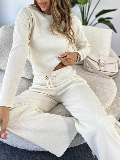 Round Neck Knitted Long Sleeved Top With Elastic Waist Pants Set