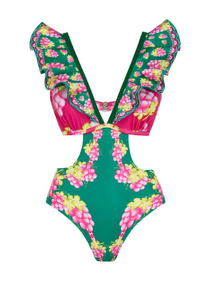 Ruffled Deep V Cutout Retro Green Grapes Print One Piece Swimsuit and Skirt