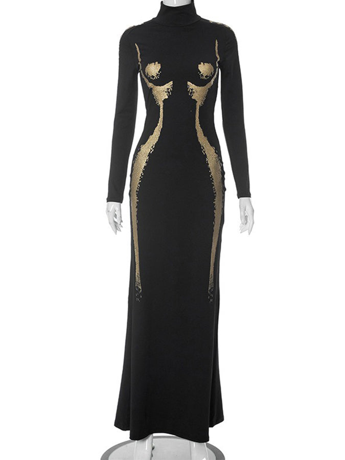 Long Sleeves Printed Slim Maxi Dress