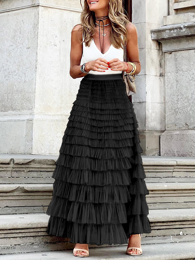 Elastic Waist Mesh Cake Skirt