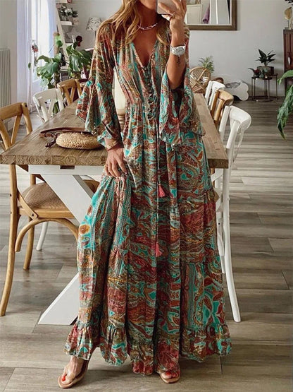 Printed V Neck Long Sleeves Maxi Dress