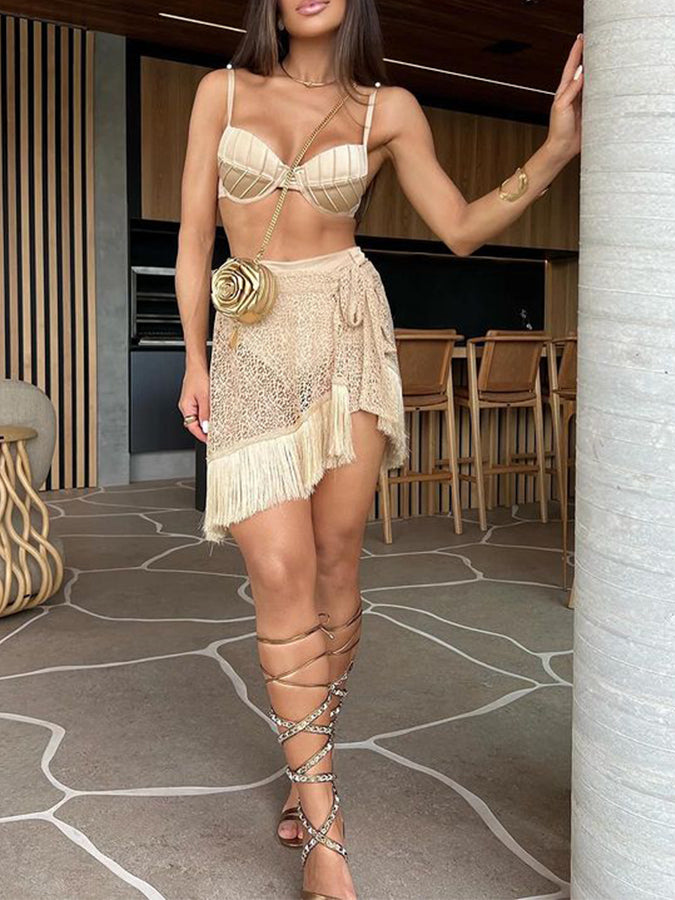 Removable Sleeves Bikini and Tassel Skirt
