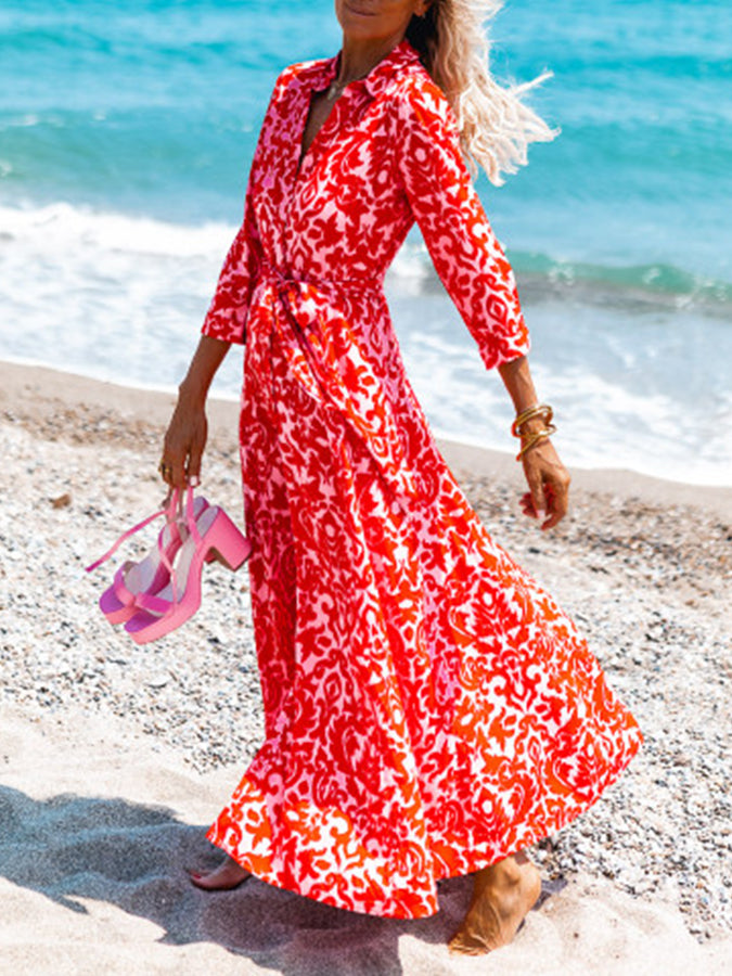 Red Printed Long Sleeves Maxi Dress