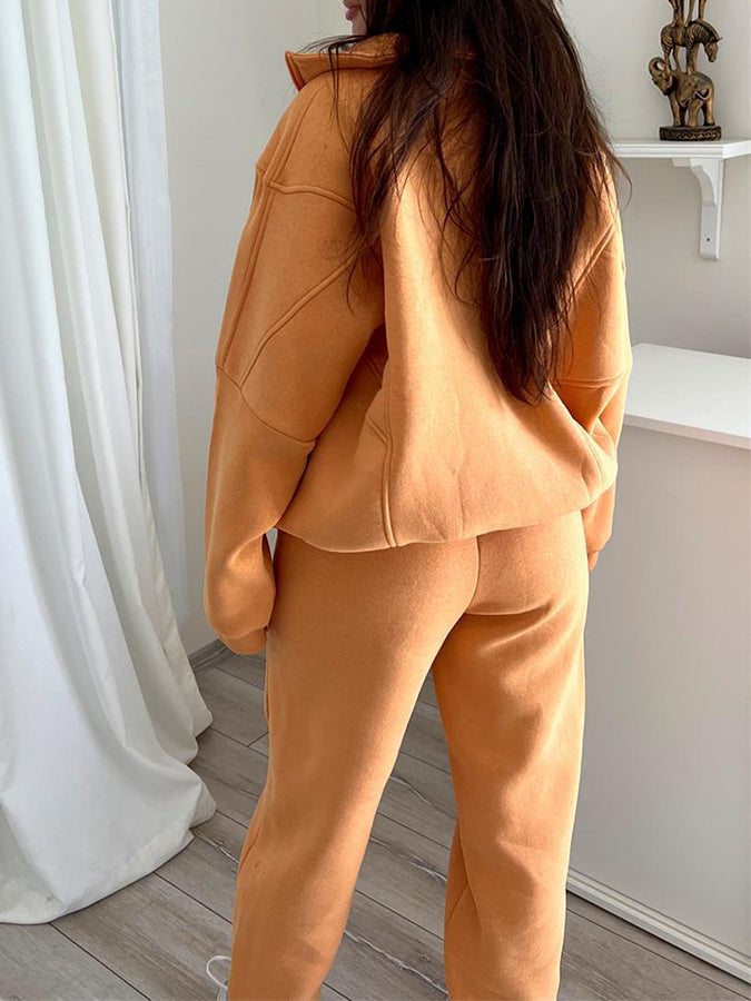 Plush Standing Collar Long Sleeved Sweatshirt and Pants Suit