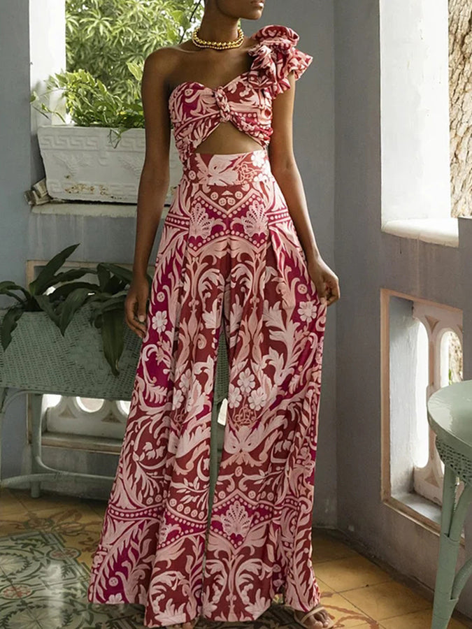 One Shoulder Ruffle Printed One Piece Swimsuit and Pant