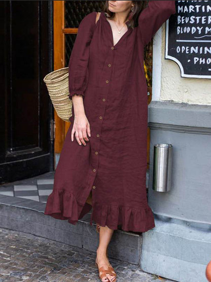 Long Sleeves Buttoned Cotton-linen Maxi Dress