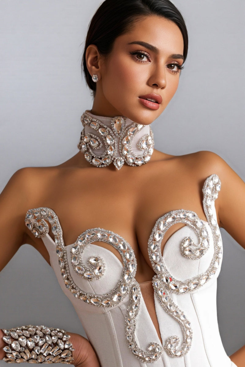 Layls White Rhinestones Strapless Mini Dress