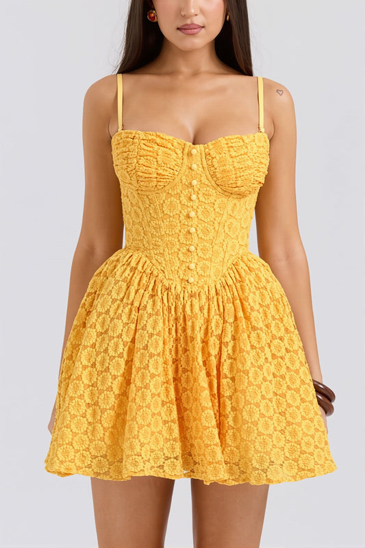 Lace Jacquard Backless Puff Mini Dress