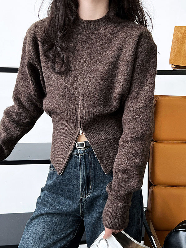Grey Mock Neck Zip-up Hem Long Sleeve Sweater An1072