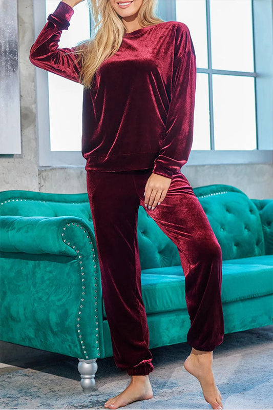 Red Velvet Round Neck Top \u0026 Drawstring Pants Longe Set