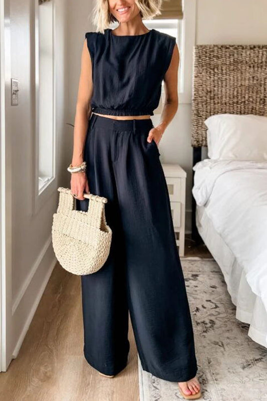 Wear Tooptions Linen Blend Crop Top and Elastic Waist Pocketed Pants Set