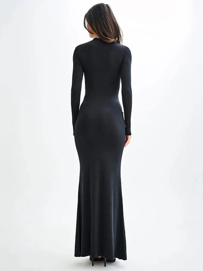 Long Sleeved Elastic Tight Long Dress Bodycon Pleated Evening Dress Slimming Party Club Vestido Fall