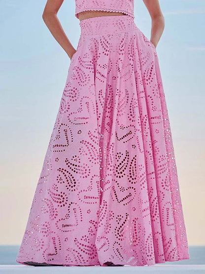Exquisite Embroidered Hollow Lace Long A-line Skirt