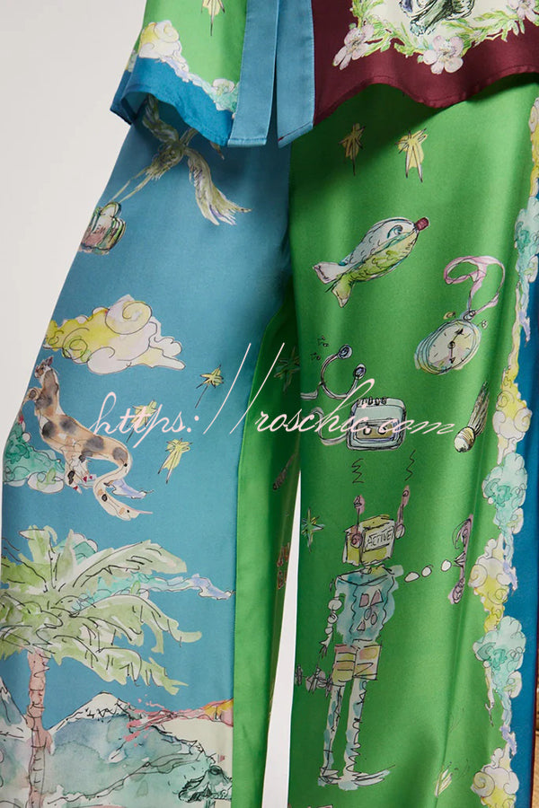 Unique Printed Lapel Short-sleeved Loose Shirt and Elastic Waist Tie Wide-leg Pants Set