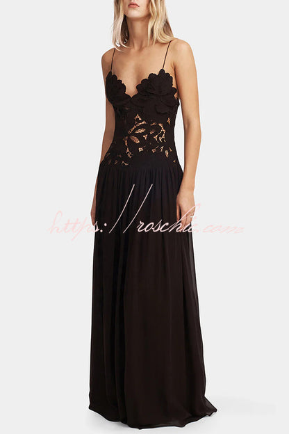 Stephanie Flower Crochet Lace Bust Chiffon Fluffy Hem Maxi Dress