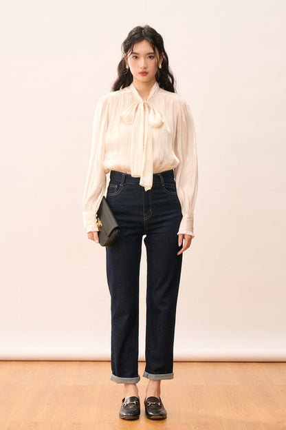 Shiny Ribbon-tie Romantic Blouse