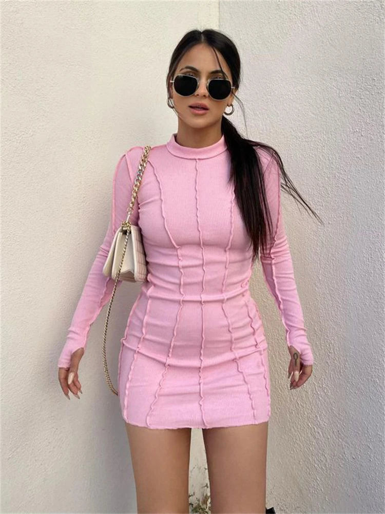 Screw Thread Mini Dress for Spring Ribbed Long Sleeve Bodycon Dresses Pink Streerwear Elastic Vestidos