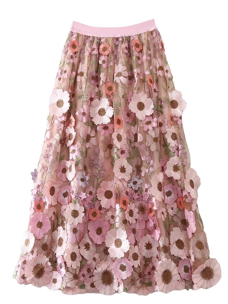 Vacation Elastic Waist Pink Embroidery Patch Tulle Skirt