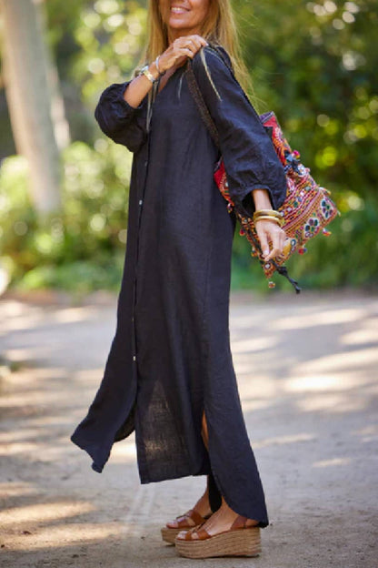 Linen Blend V Neck Balloon Sleeve Maxi Dress