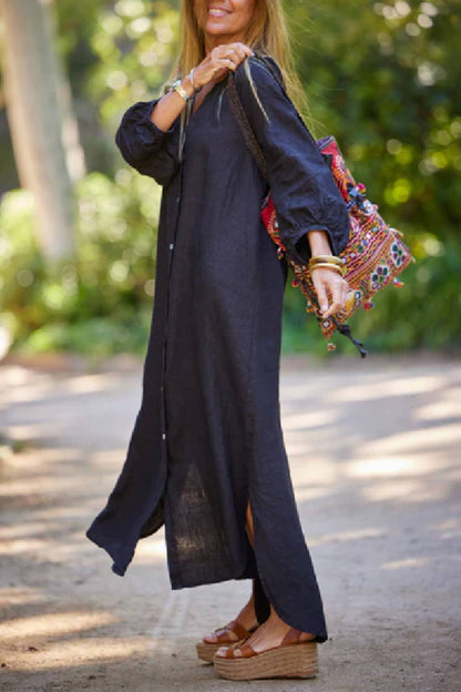 Linen Blend V Neck Balloon Sleeve Maxi Dress