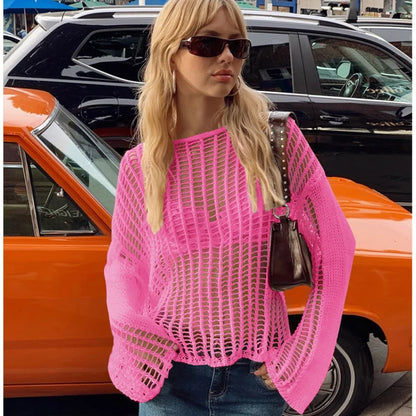 Hollow Out Pullover Pullover Oversize Kniited Long Sleeve Sweater Femme Beach Knitwear Cover-up