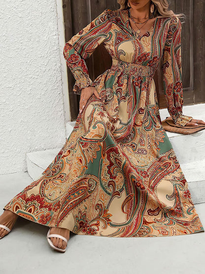 Loose Puff Sleeves Elasticity Printed V-neck Maxi Dresses