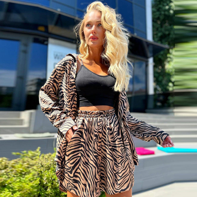 Leopard-print Shirt Loose Shorts Suit