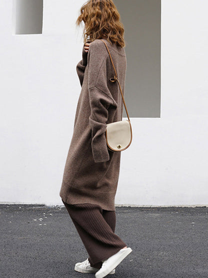 Stylish Loose Camel V-neck Long Sleeve Sweater Dress Qx006