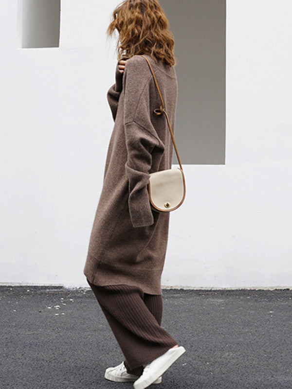 Stylish Loose Camel V-neck Long Sleeve Sweater Dress Qx006