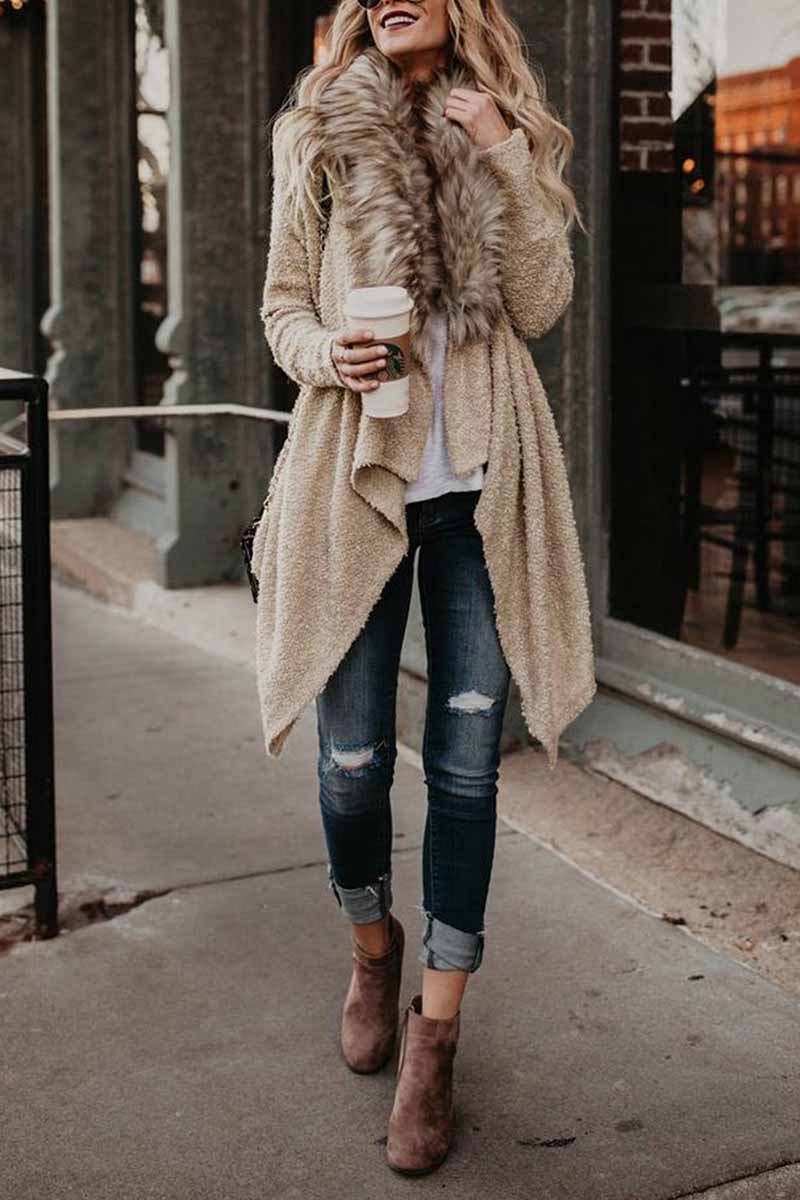 Fur Collar Cardigan Plush Trench Coat