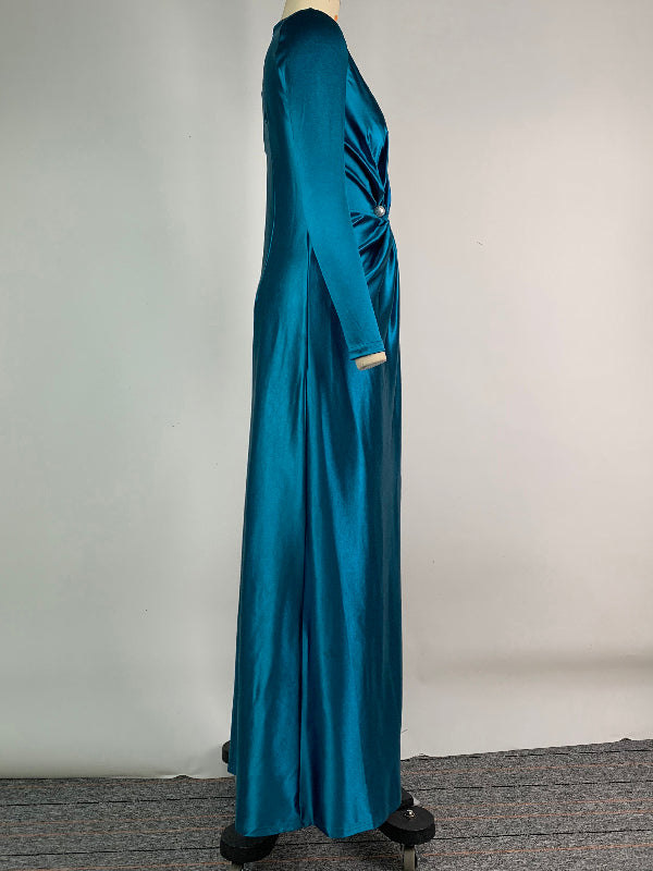 Color Bodycon Long Sleeves Pleated Split-front Tied Waist Deep V-neck Maxi Dresses
