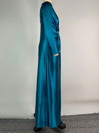 Color Bodycon Long Sleeves Pleated Split-front Tied Waist Deep V-neck Maxi Dresses