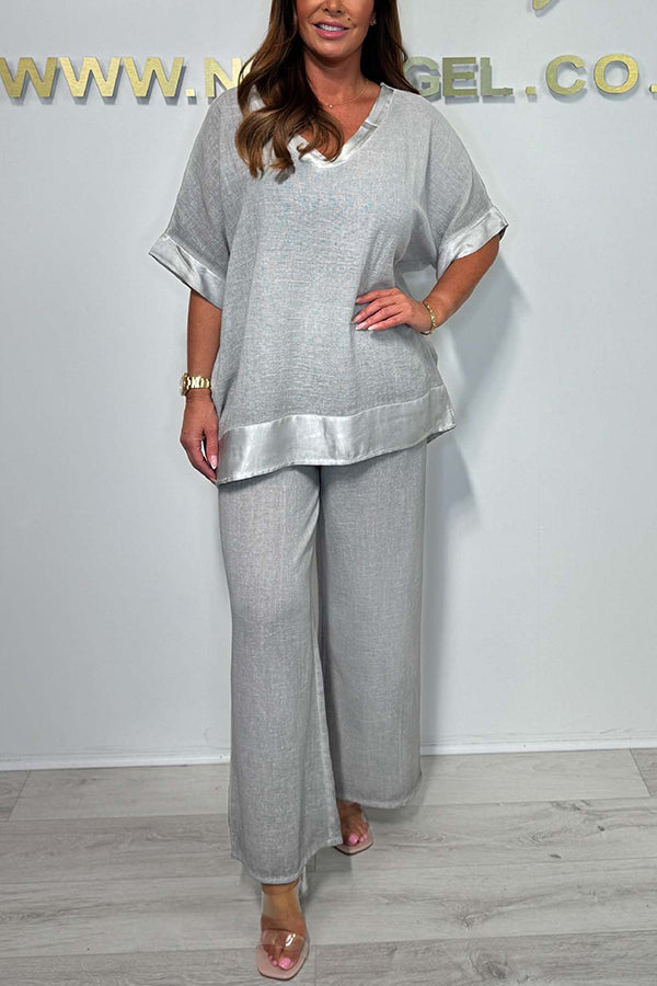 Fashionable V-neck Short-sleeved Loose Top and Elastic Waist Wide-leg Pants Set