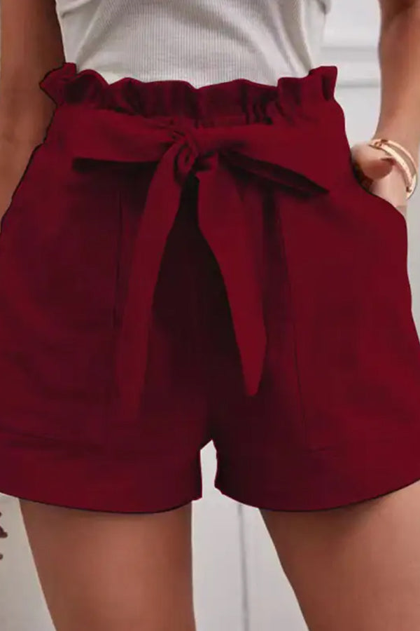 Loose Color Elastic Waist Tie Shorts