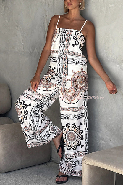 Unique Print Loose Tank Top and Elastic Waist Wide Leg Straight Pants Set