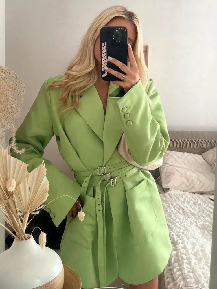 Double Layer Bandage Slim Blazer Long Sleeve Pocket Long Jacket Female Suit Outwear Tops Street Party Autumn
