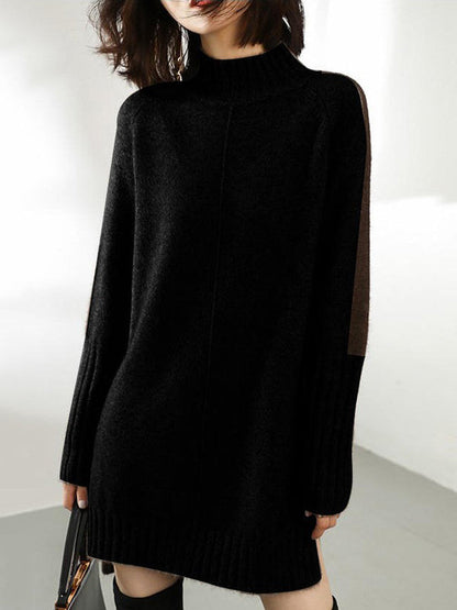 Urban Camel Half Turtleneck Contrast Color Long Sleeve Knit Sweater Dress An1068