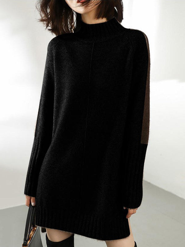Urban Camel Half Turtleneck Contrast Color Long Sleeve Knit Sweater Dress An1068