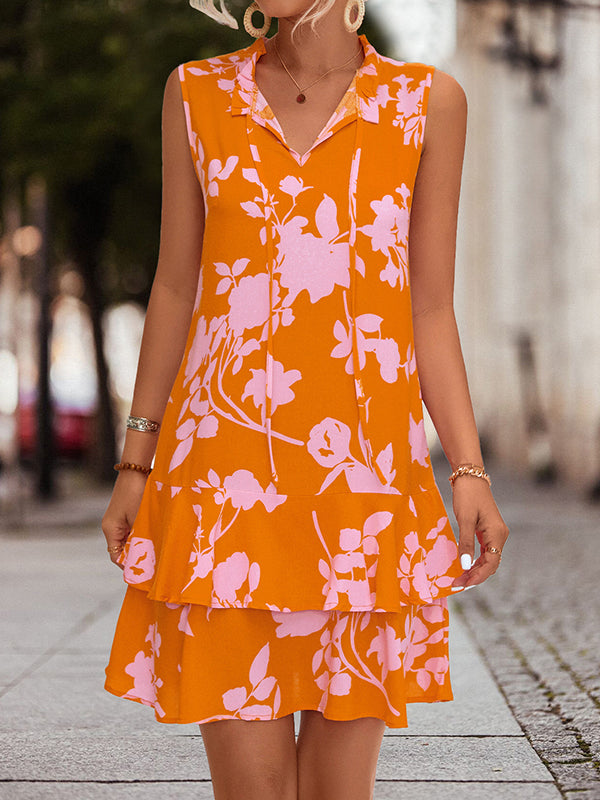 A-line High Waisted Falbala Printed Split-joint Tied Tiered V-neck Mini Dresses