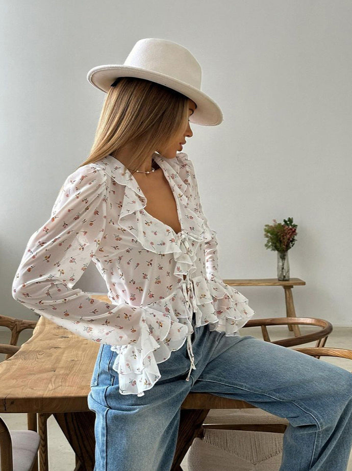 Ruffled V-neck Slim Fit Blouse