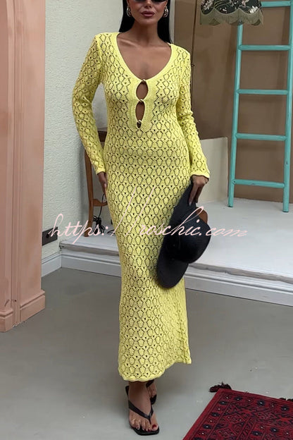 V-neck Long-sleeved Hollow Slim Maxi Dress